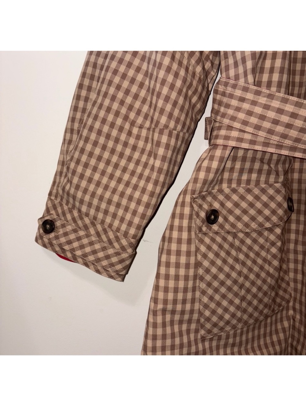Damson Madder Reversible Red and Tan Check Women's Trench Coat oversized - Picture 14 of 16